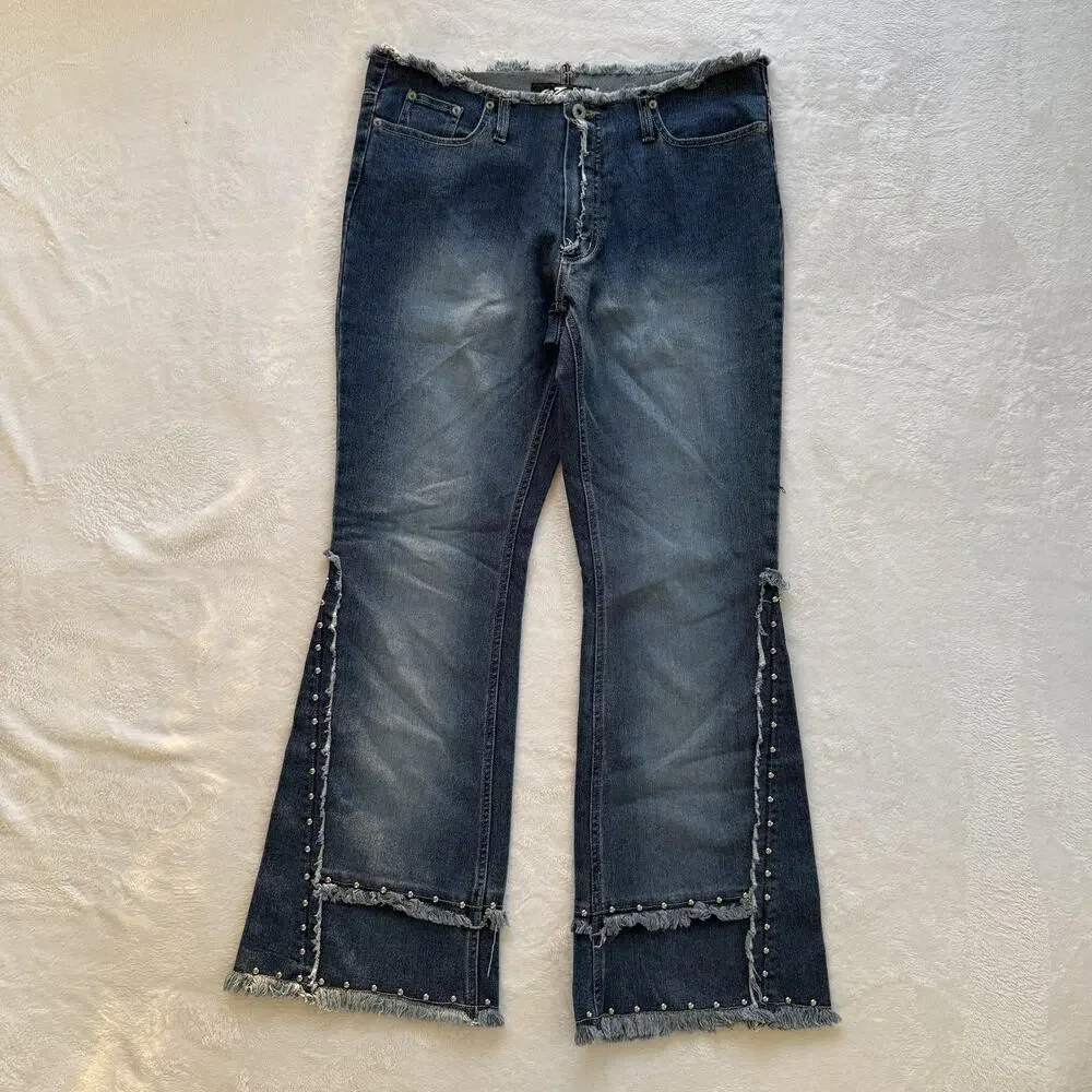 Lazer Jeans Flare Jeans Juniors 13 Blue Denim Studded Fringe Distressed Stretch - Picture 2 of 6